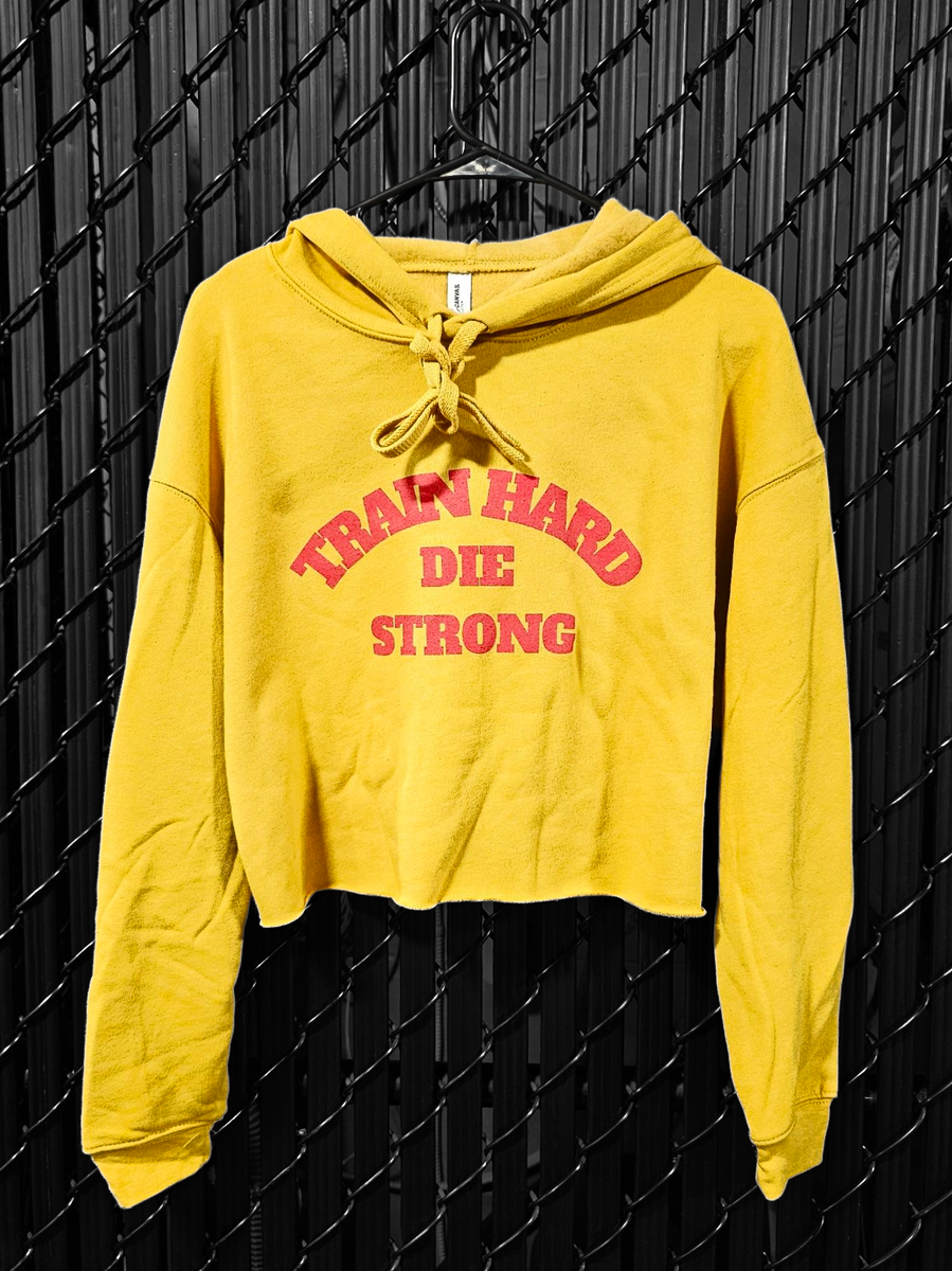 Train Hard Die Strong Ladies Cropped Hoodie (Vintage Gold) - MD