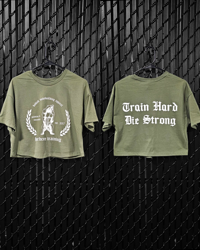 Train Hard Die Strong Ladies Cropped Jersey Tee (Military Green)