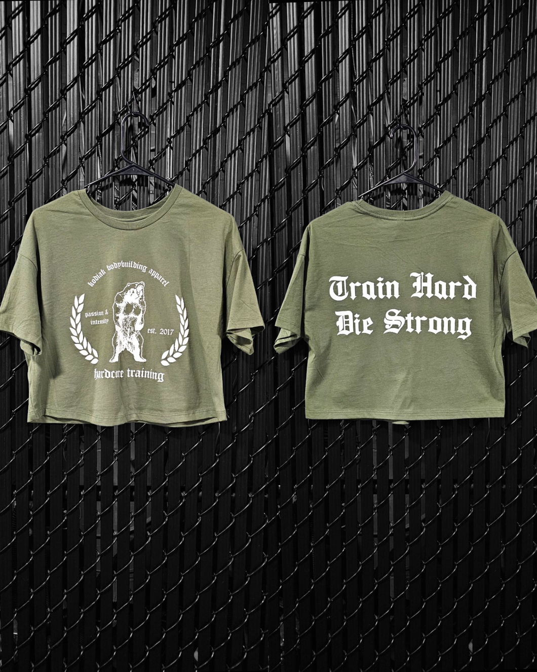 Train Hard Die Strong Ladies Cropped Jersey Tee (Military Green)